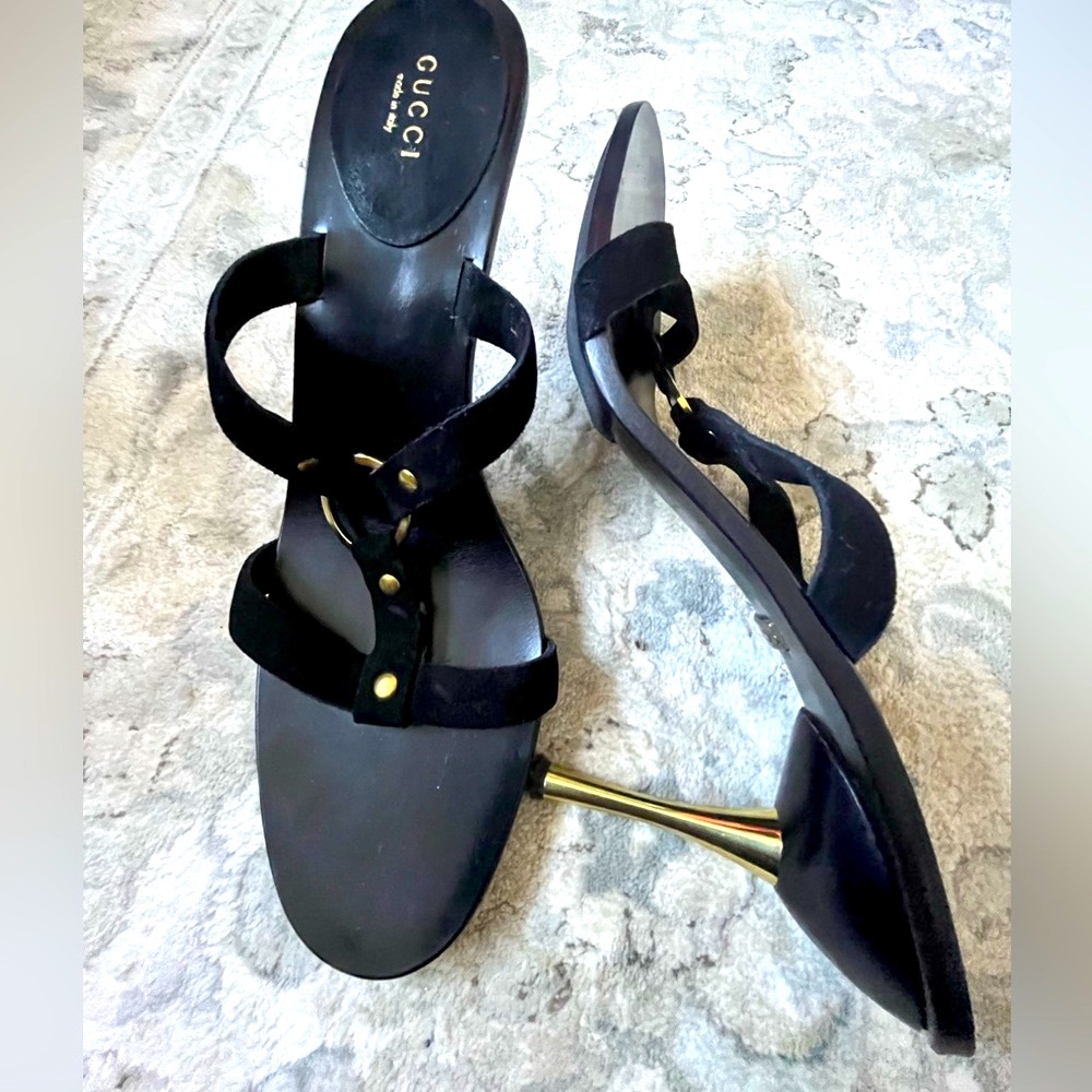 Gucci high heeled sandals, black suede, gold heel. EUC. Original storage bag.
